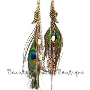Beauty for Ashes Eyes to See Tritone 6.5" Peacock Feather Rustic Wood Earrings